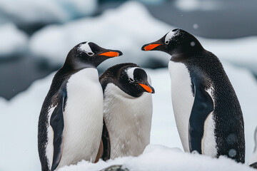 Obraz premium Three penguins are standing on a snowy surface