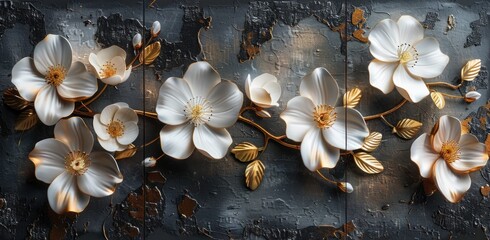 Fototapeta premium 3d abstract relief painting of white flowers on textured background, three panels for home decoration