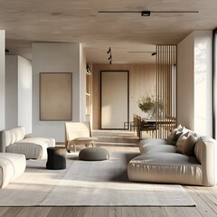 Luxurious Minimalist Living Room with Warm Neutral Tones and Natural Lighting