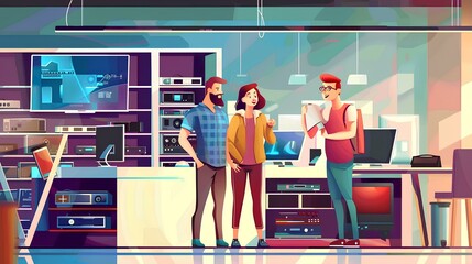 Obraz premium A cartoon couple in a high-end electronics store, enthusiastically inspecting a large, modern home entertainment system with a store clerk assisting them.