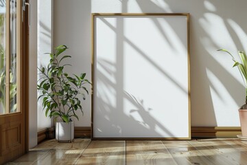 Poster frame mockup on wooden floor created with Generative AI