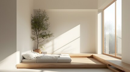 Fototapeta premium Minimalist and Cozy Wooden Bedroom with Natural Lighting and Clean Interior Design