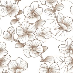 A detailed line drawing of a bunch of violets, featuring small, delicate flowers with heart-shaped leaves, arranged in a natural cluster. Minimal pattern banner wallpaper, simple background, Seamless,