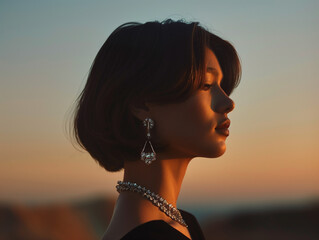 jewelry lookbook, side profile japanese model with short bob, her shoulders are relaxed, her ears are adorned with eye-catching diamond earring, neutral beige background.