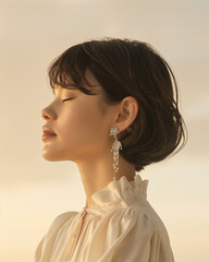 jewelry lookbook, side profile japanese model with short bob, her shoulders are relaxed, her ears are adorned with eye-catching diamond earring, neutral beige background.