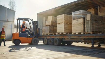 Freight forwarding industry. Heavy equipment forklift unloads pallets goods in a warehouse.
