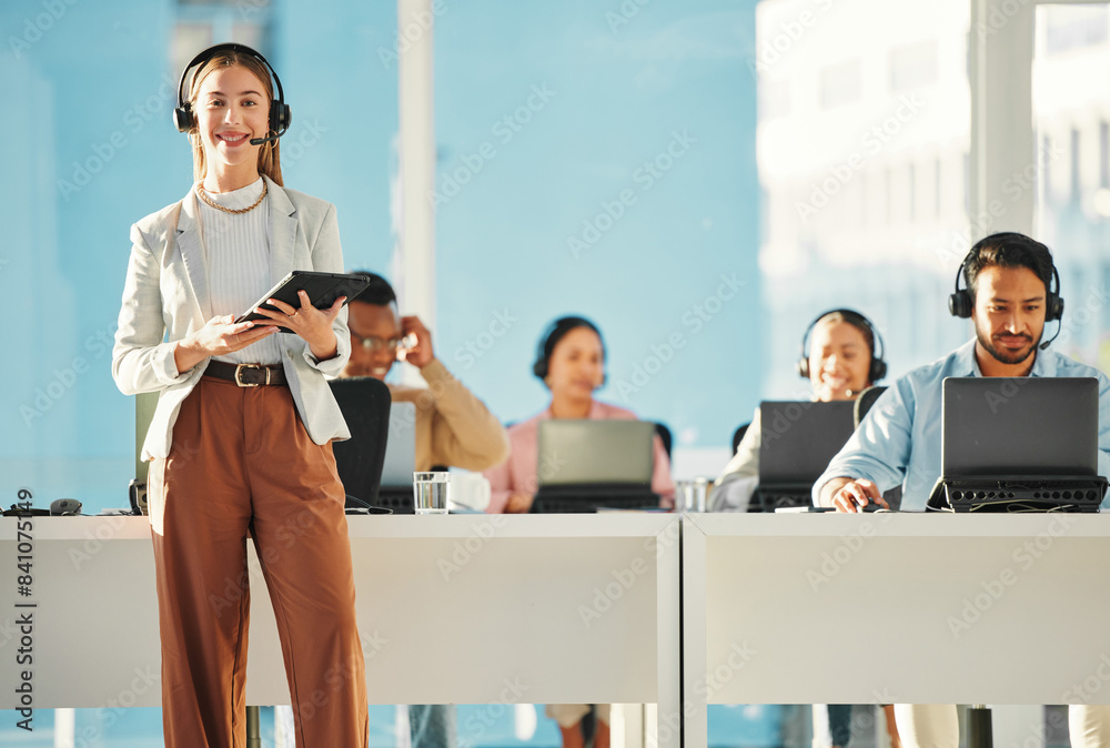 Aufkleber portrait of happy woman, call center or manager with tablet in customer service or telemarketing. co