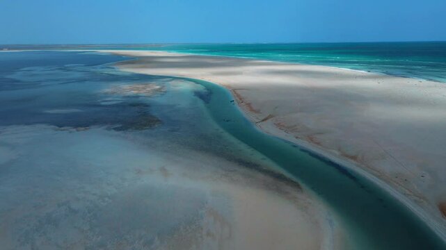 An aerial view of Hassi El Jerbi aquatic beach scene at Zarzis Tunisia and a river beside it