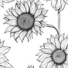 Fototapeta premium A detailed line drawing of a sunflower with its large, round bloom and numerous tiny seeds in the center, accompanied by its broad leaves and sturdy stem. Minimal pattern banner wallpaper, simple