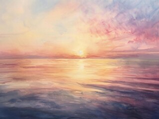 Fototapeta premium The setting sun casts a golden glow on the ocean. The sky is ablaze with color, and the waves are capped with white foam.