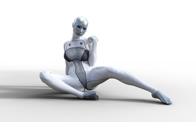 3d illustration of A woman cyborg pose on white background.