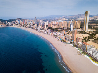 Aerial view of sand beach and city Benidorm, Spain