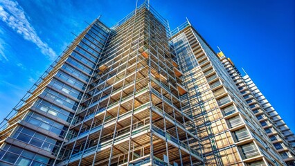 Tall urban skyscraper exterior with empty scaffolding and ladders attached, waiting for painters, with a clear blue sky and a lot of natural light.