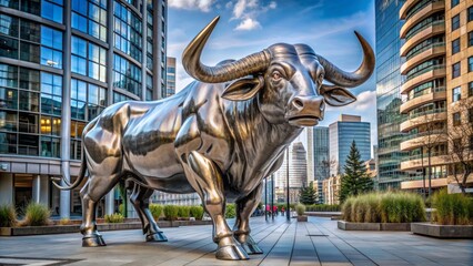 Massive african wild buffalo statue, crafted from stainless steel, stands alone in urban landscape, exuding powerful presence and majestic horns, dominating surroundings.