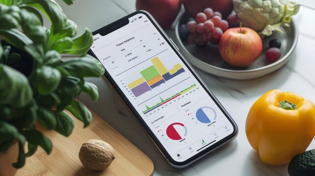 A smartphone displaying data charts and graphs lies on a table with fresh fruit, suggesting a connection between healthy eating and technology.