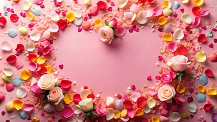 Obraz premium Delicate rose petal frame overflowing with colorful confetti on a soft pink background, perfectly capturing the essence of romantic valentine's day celebrations.