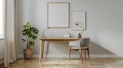 Fototapeta premium Minimalist Home Office Workspace with Desk,Chair and Framed Art