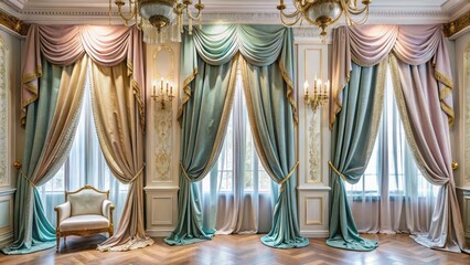 Elegant velvet drapes, soft pastel hues, and ornate golden accents evoke luxury, sophistication, and refinement in a lavish, high-end fashion setting, minus the model.