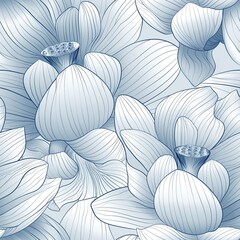A drawing of a lotus flower in line art, with its large, overlapping petals and central pod, emphasizing the flower&acirc;&euro;&trade;s serene beauty. Minimal pattern banner wallpaper, simple background, Seamless,