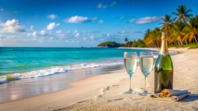 Idyllic seaside setting with champagne bottle and glasses on a sandy beach, surrounded by calm turquoise waters and a serene atmosphere, perfect for romantic getaways.