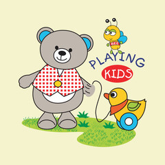 the bear and the toy duck are happy,design cartoon vector illustration