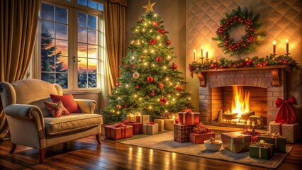 Warmly lit festive living room with decorated christmas tree, wrapped gifts, and crackling fireplace, evoking a cozy winter evening atmosphere.