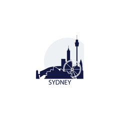 Sydney skyline, downtown panorama logo, logotype. Australia megapolis city badge contour, isolated vector pictogram with bridge, tower, monuments, landmarks, skyscrapers at sunrise, sunset