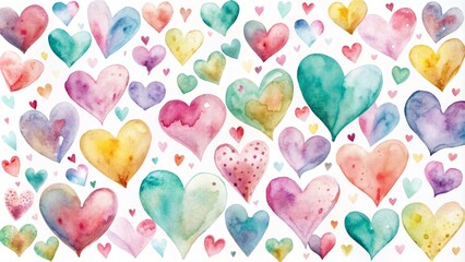 Delicate, whimsical watercolor hearts in soft hues and bold brushstrokes scattered beautifully on a pristine white background, exuding love and romance for valentine's day.