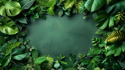 lush green leaves of various plants on a dark background, with a blank space in the center for text or a logo.