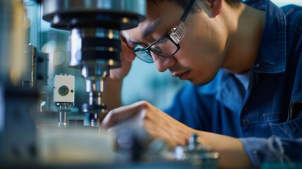 Close-up of an engineer in a factory setting calibrating a precision tool