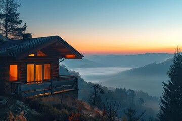 Fototapeta premium Mountain retreat with panoramic views, concept nature immersion, copy space, rustic theme, dynamic, Silhouette, mountain view backdrop