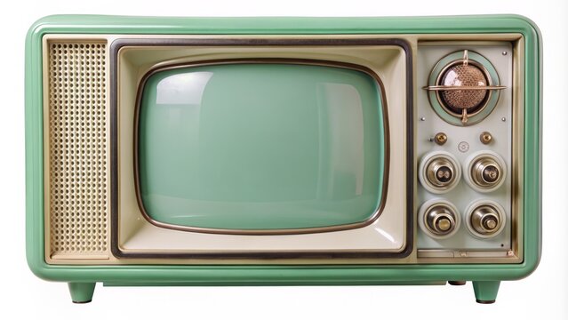 retro vintage old mint green tv set receiver isolated on transparent background with ornate details and classic knobs, evoking nostalgic feelings of bygone era.