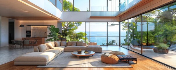 Fototapeta premium Contemporary home with floortoceiling windows, concept modern elegance, copy space, contemporary theme, dynamic, Manipulation, floortoceiling windows backdrop