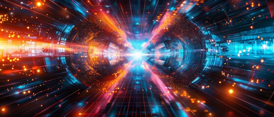 Fototapeta premium Vibrant digital abstract art depicting a futuristic technology concept with colorful lights and dynamic motion effects.