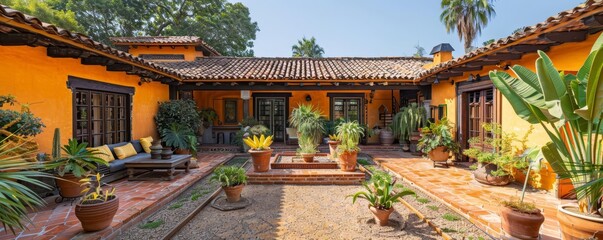 Naklejka premium Hacienda with courtyard, concept Spanish elegance, selective focus, Mediterranean theme, vibrant, Blend mode, courtyard backdrop