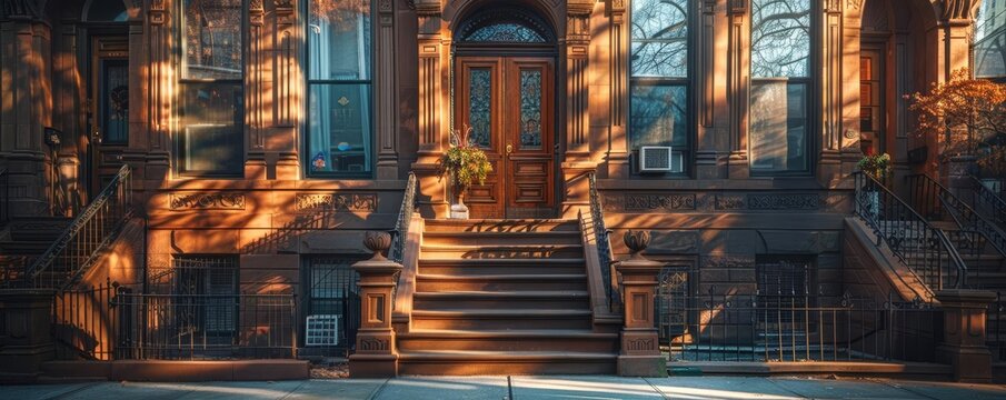 Historic brownstone with classic details, concept urban elegance, copy space, historical theme, surreal, Silhouette, brownstone facade backdrop