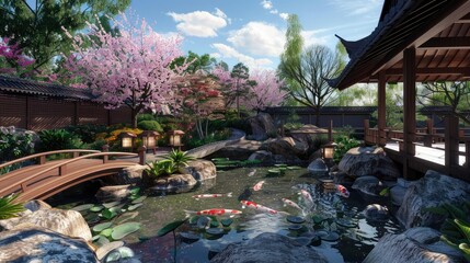 Obraz premium Koi Pond with Arched Wooden Bridge and Stone Lantern