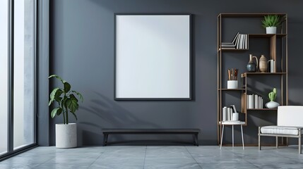 Minimalist Modern Living Room with Shelf,Plant,and Art Frame