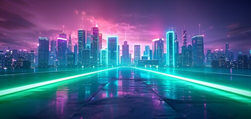 Futuristic neon cityscape with glowing skyscrapers and vibrant lights reflecting on a wet surface, under a purple and pink sky at twilight.