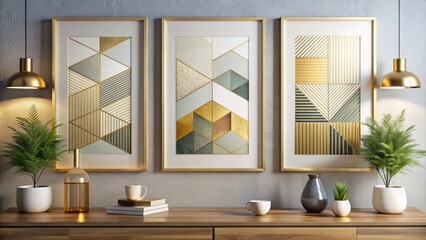 Luxurious gold-framed abstract posters featuring geometric shapes in harmonious colors, adding sophistication and modern elegance to any living or office space.