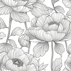 A line drawing of a single peony flower, with its dense layers of petals and broad leaves, capturing the flowerâ€™s lush and opulent appearance. Minimal pattern banner wallpaper, simple background,