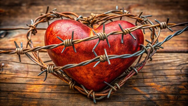 A solitary, weathered heart, ensnared by twisted, rusted barbed wire, symbolizing the fragile, wounded nature of love and the protective barriers we create.