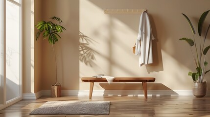 Serene and Cozy Minimalist Home Interior with Wooden Bench and Natural Houseplants