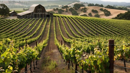 A scenic vineyard with rows of grapevines, a rustic barn, and a golden sunset over lush greenery and grapes.