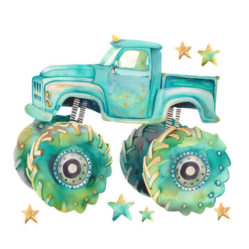 Cute Watercolor Monster Truck for Boy 