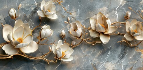 Fototapeta premium 3d luxury gold and white magnolia flowers on grey marble background for home decoration