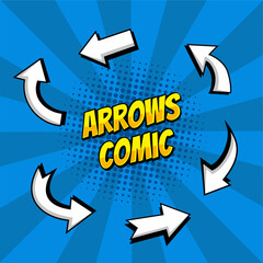 Arrow comic pop art. Cartoon 80s-90s style infographic various directions pointer collection. Retro empty cursor sign boom. 