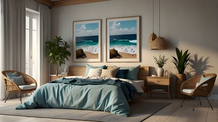 Mock up frame in cozy home interior background, coastal style bedroom, 3d render.