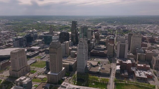 Aerial view of kansas city skyline and urban sprawl on a cloudy day. Cityscape with skyscrapers and highrise buildings in the downtown rea
