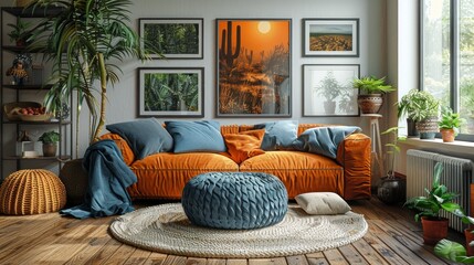 Warm and inviting living room with a burnt orange couch, blue and white patterned pillows, and a blue crocheted ottoman